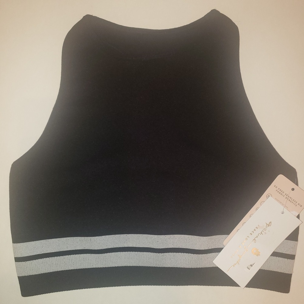 Spiritual Gangster High Neck Ribbed Seamless Bra Navy Grey Stripe (XS/S) NWT